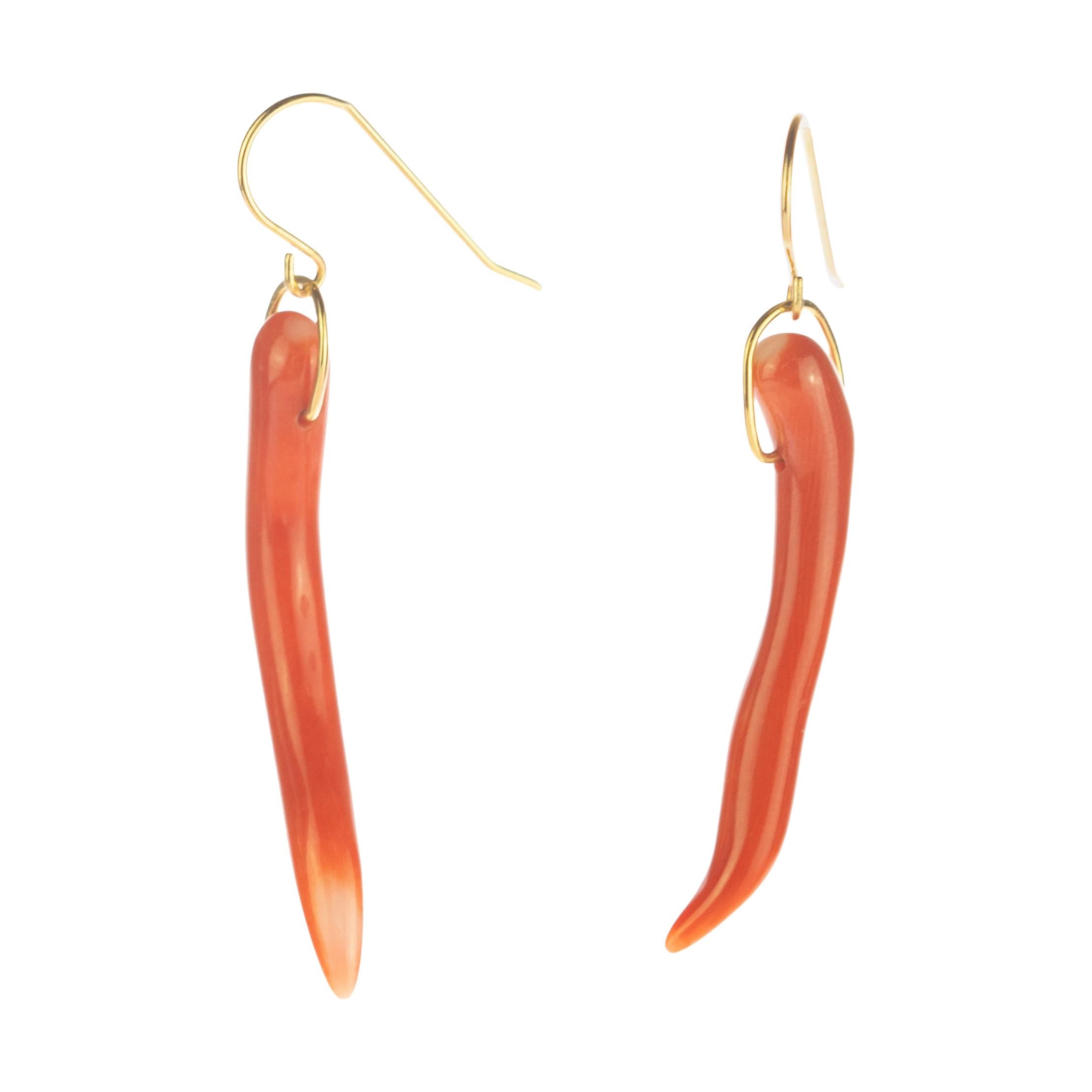Salmon Natural Coral Branches Long Drop 18 Karat Gold Chic Unique Earrings