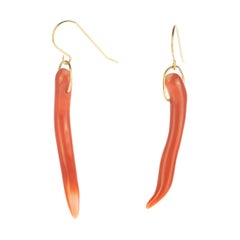 Salmon Natural Coral Branches Long Drop 18 Karat Gold Chic Unique Earrings