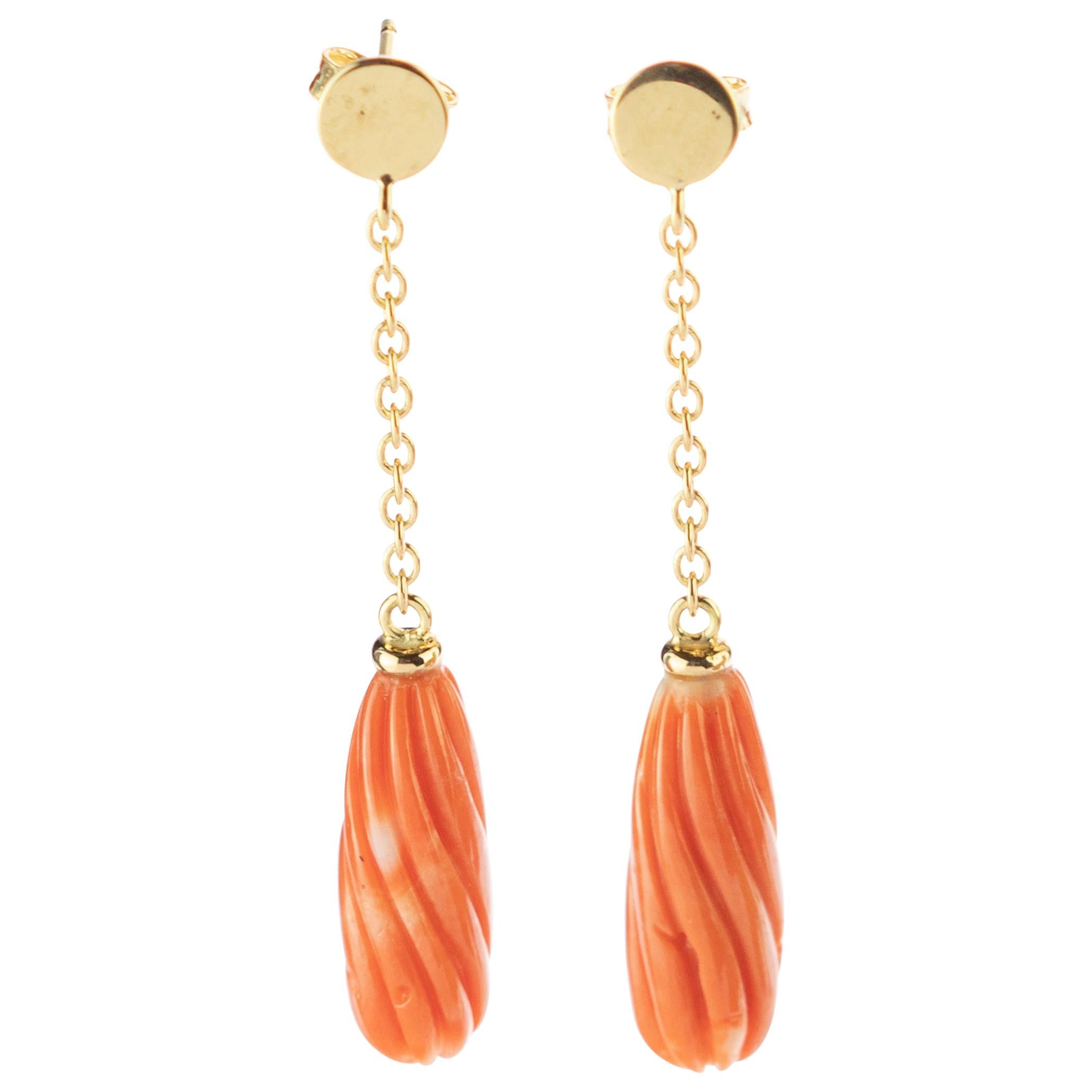 Salmon Natural Coral Carved Long Drop 18 Karat Gold Dangle Deco Intini Earrings For Sale
