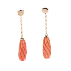 Salmon Natural Coral Spiral Carved Long Drop 18 Karat Gold Dangle Sea Earrings