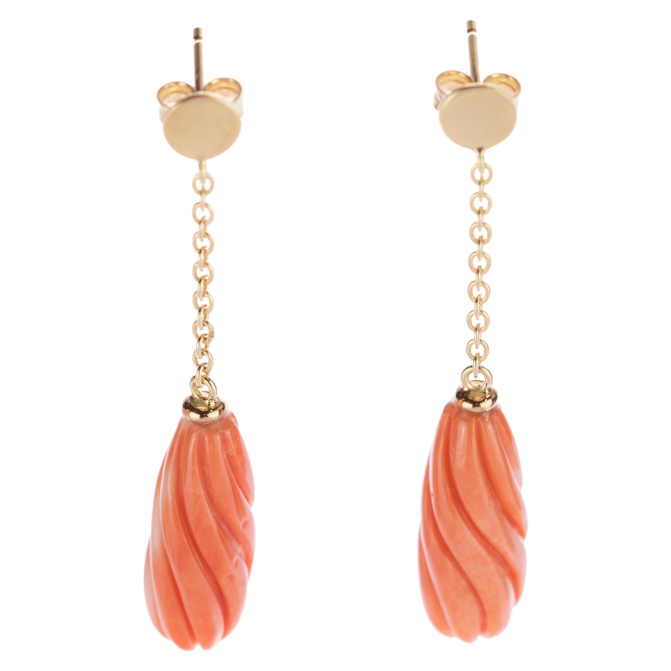 Salmon Natural Coral Spiral Carved Long Drop 18 Karat Gold Dangle Sea Earrings For Sale