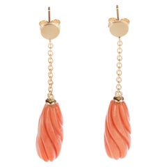 Salmon Natural Coral Spiral Carved Long Drop 18 Karat Gold Dangle Sea Earrings