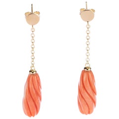 Salmon Natural Coral Spiral Carved Long Drop 18 Karat Gold Dangle Sea Earrings