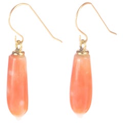 Salmon Natural Coral Tear Drop Yellow Gold Drop Ear Wires Earrings