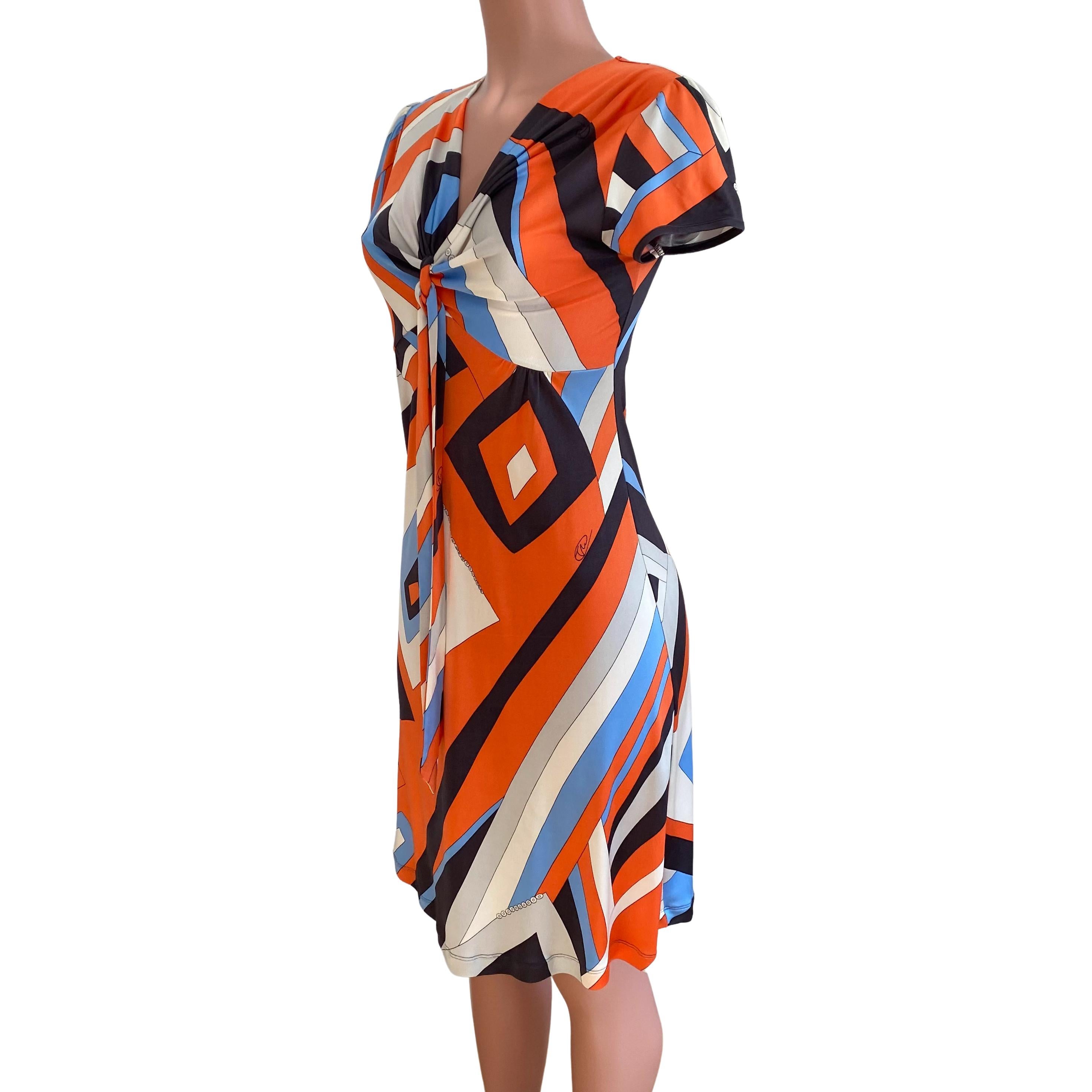 Salmon Orange Print Plunge-V FLORA KUNG Silk Jersey Dress  In New Condition In Boston, MA