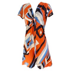 Salmon Orange Print Plunge-V FLORA KUNG Silk Jersey Dress 