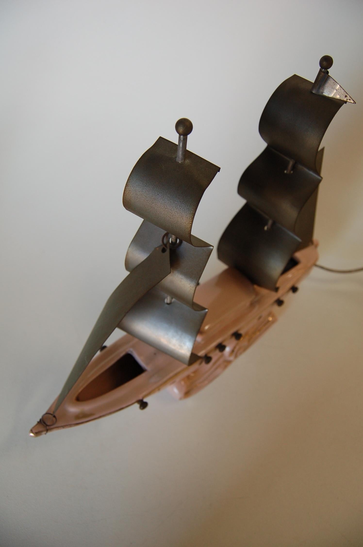 American Salmon Pink Ceramic Sailboat TV Accent Lamp with Chrome Sails