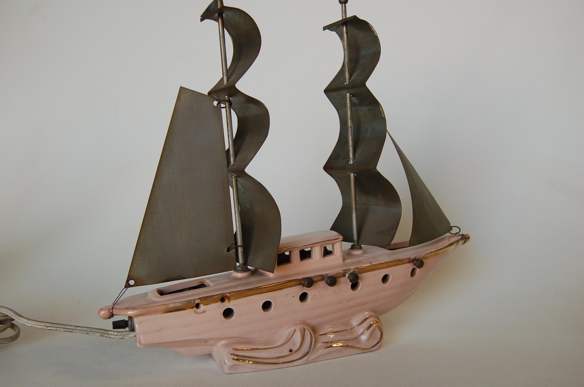 Glazed Salmon Pink Ceramic Sailboat TV Accent Lamp with Chrome Sails