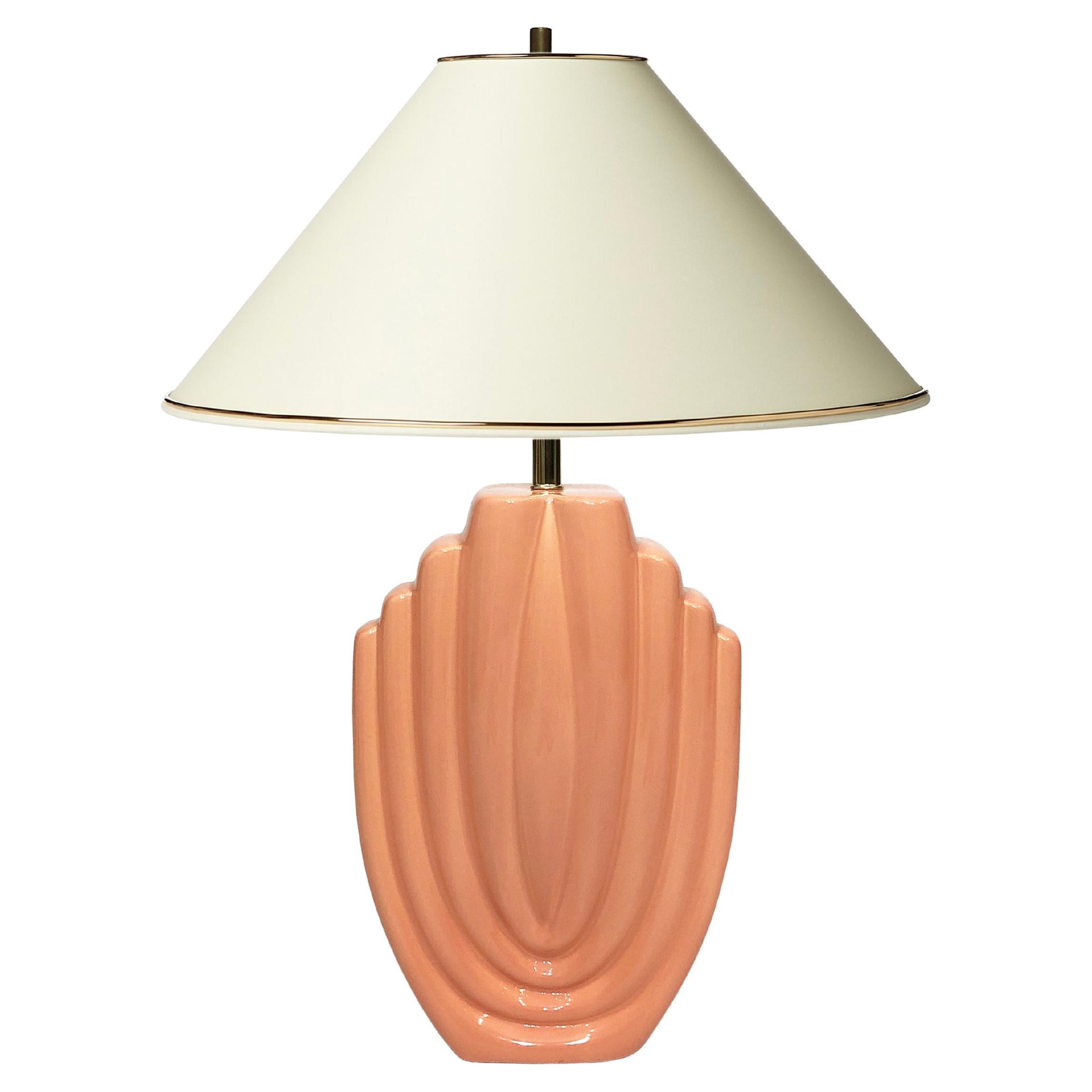 Salmon Pink Ceramic Table Lamp 1970s Art Deco Style Hollywood Regency Pastel For Sale