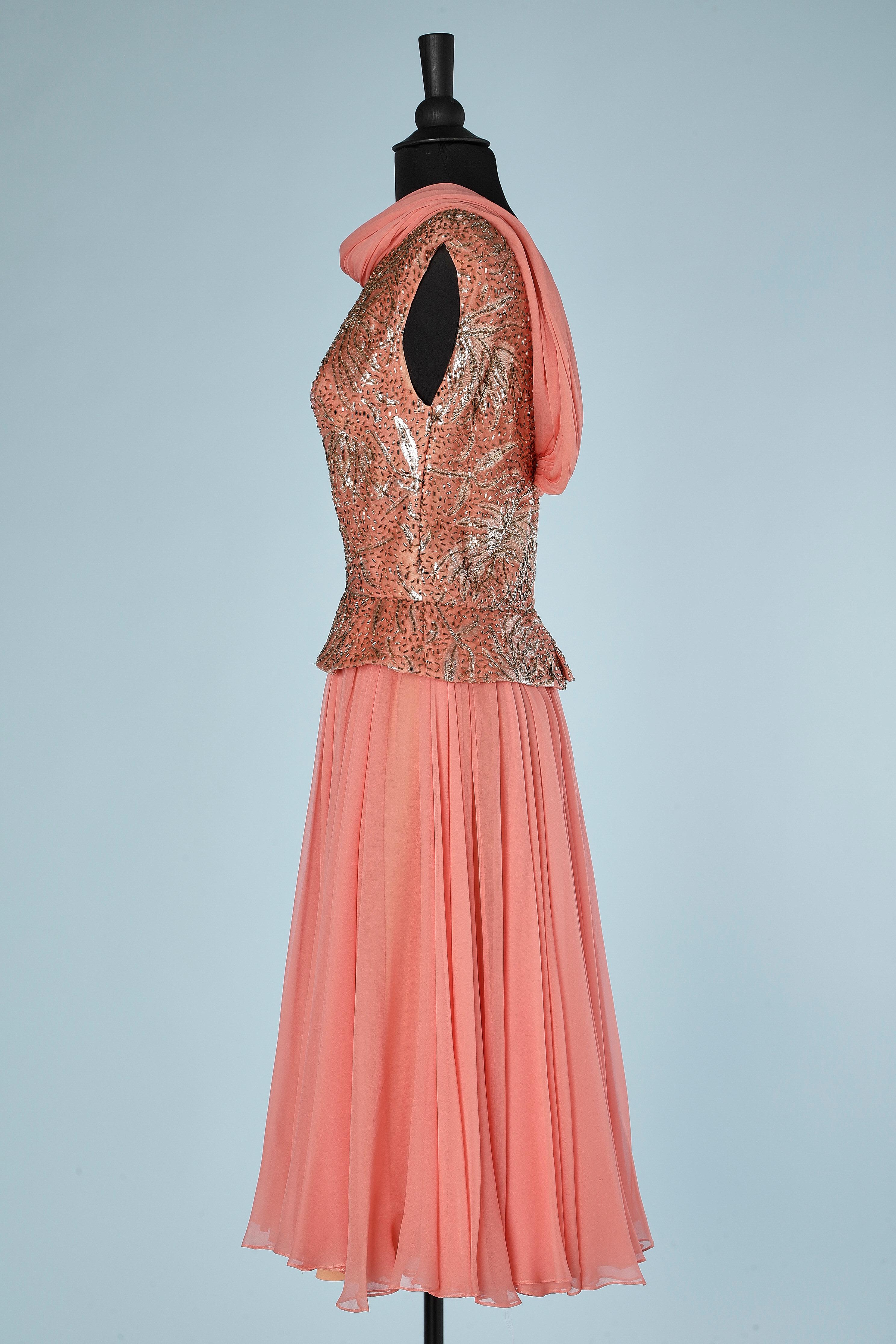 Women's Salmon pink chiffon dress and beaded lurex Pat Sandler for Hightlight For Sale