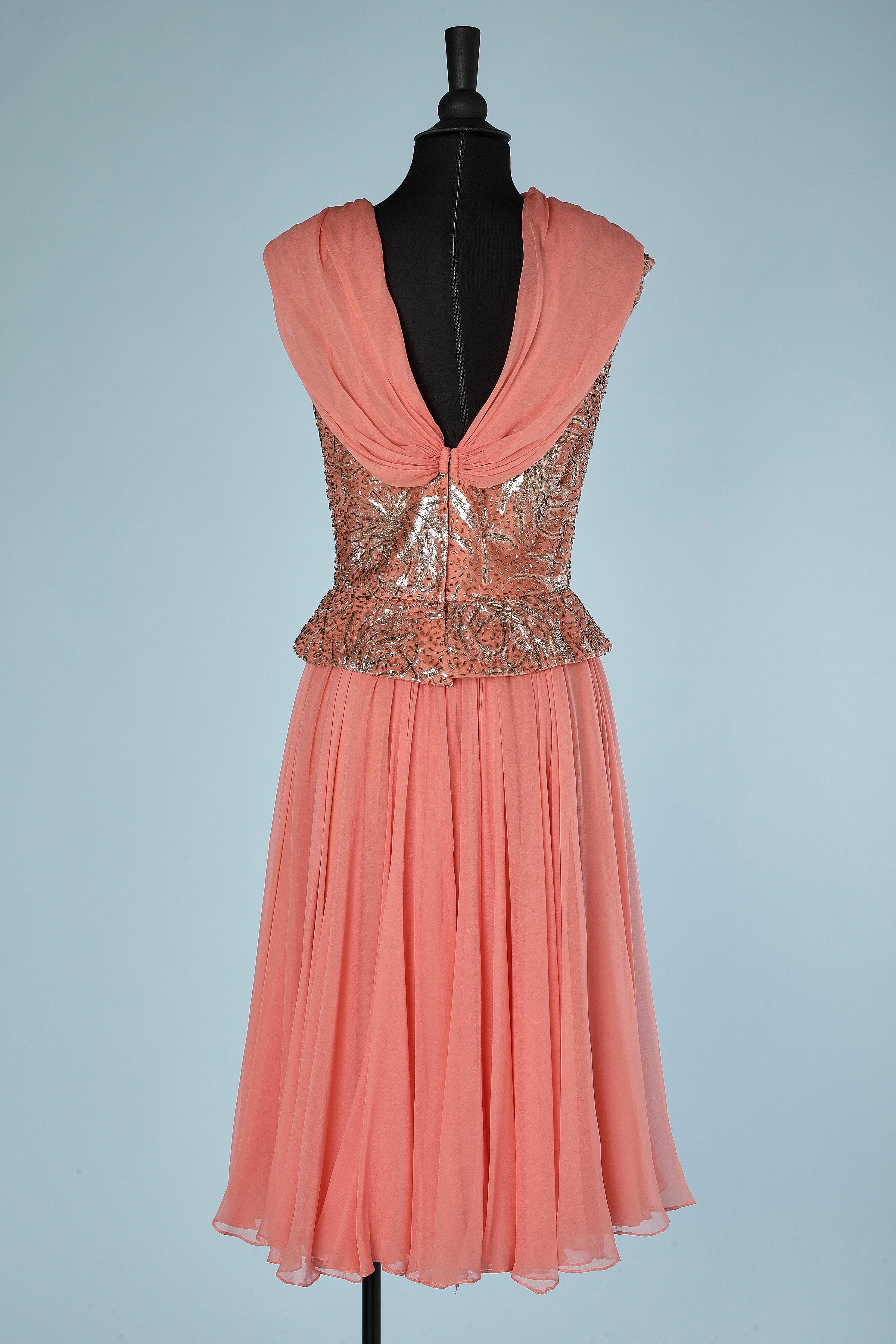 Salmon pink chiffon dress and beaded lurex Pat Sandler for Hightlight For Sale 1