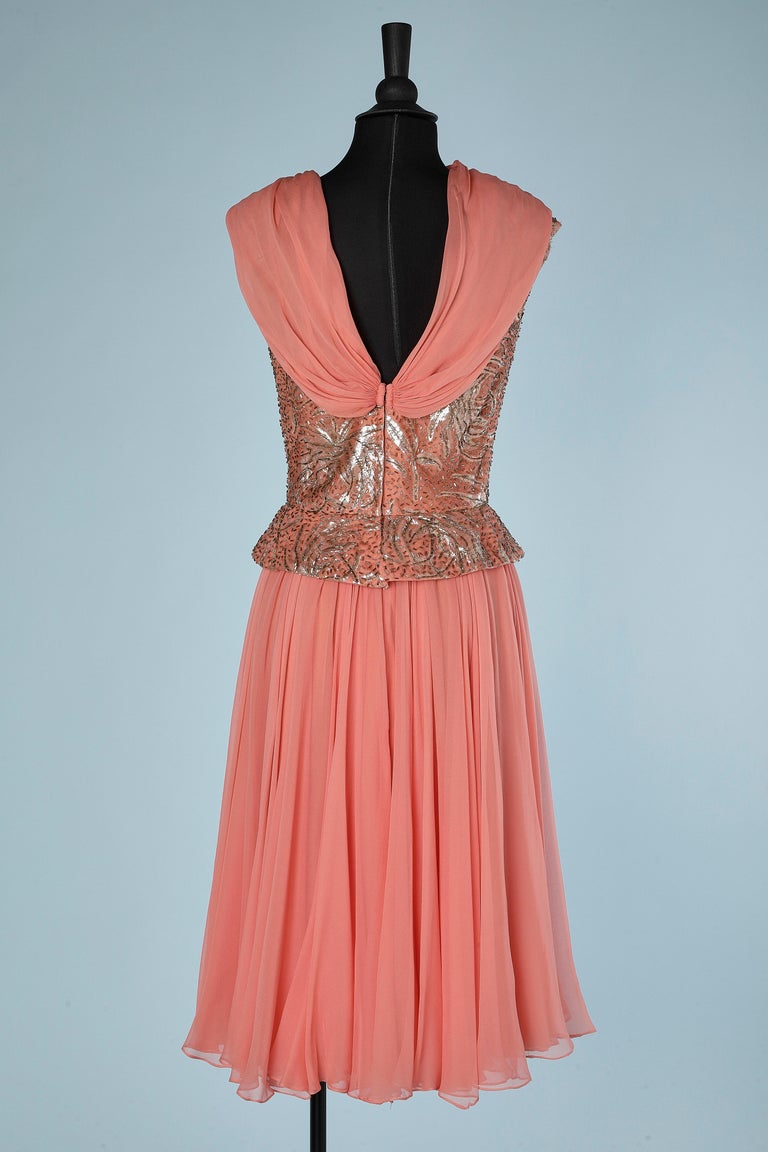 sachin and babi light blue dress Salmon pink chiffon dress and beaded lurex Pat Sandler for Hightlight For  Sale at 1stDibs