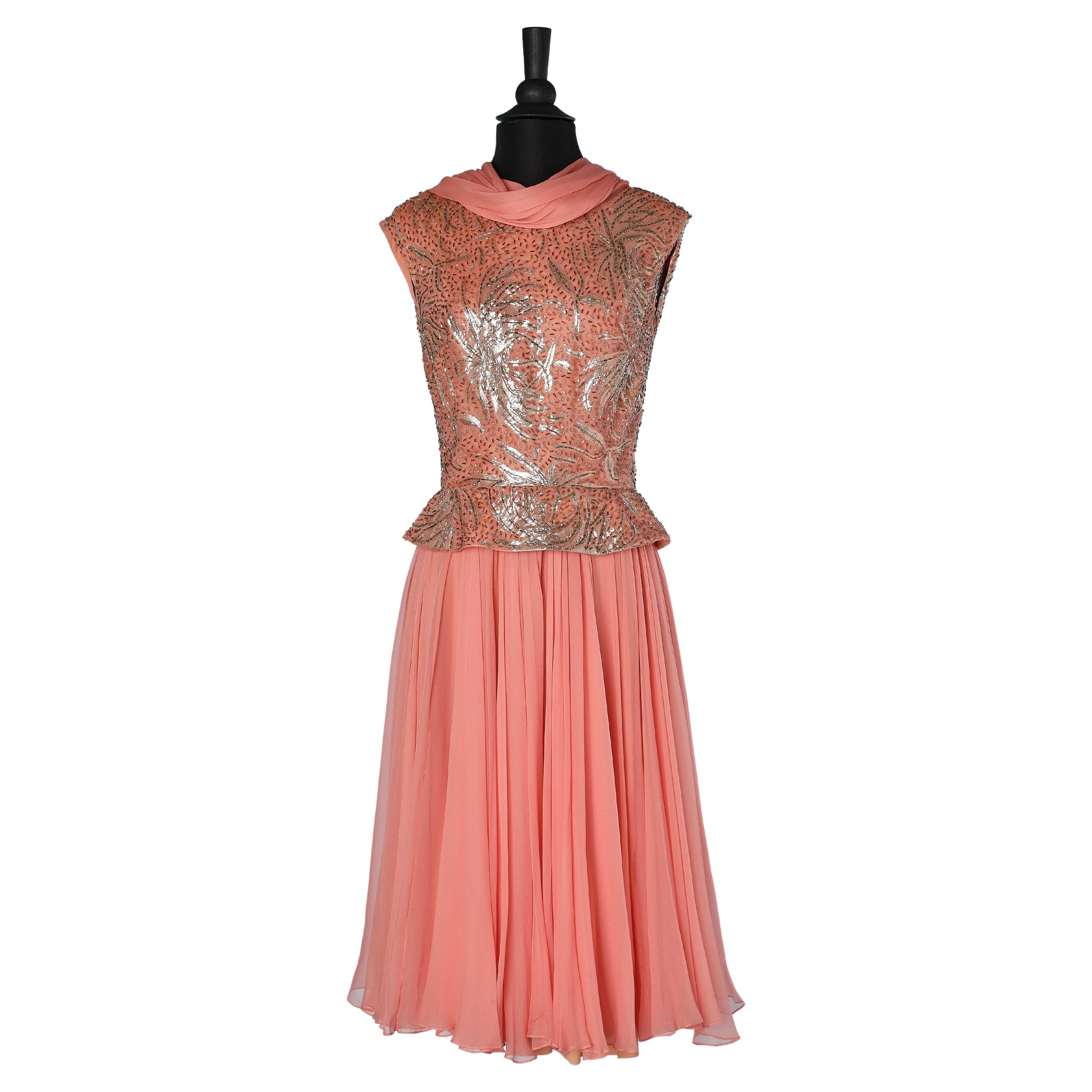 Salmon pink chiffon dress and beaded lurex Pat Sandler for Hightlight For Sale