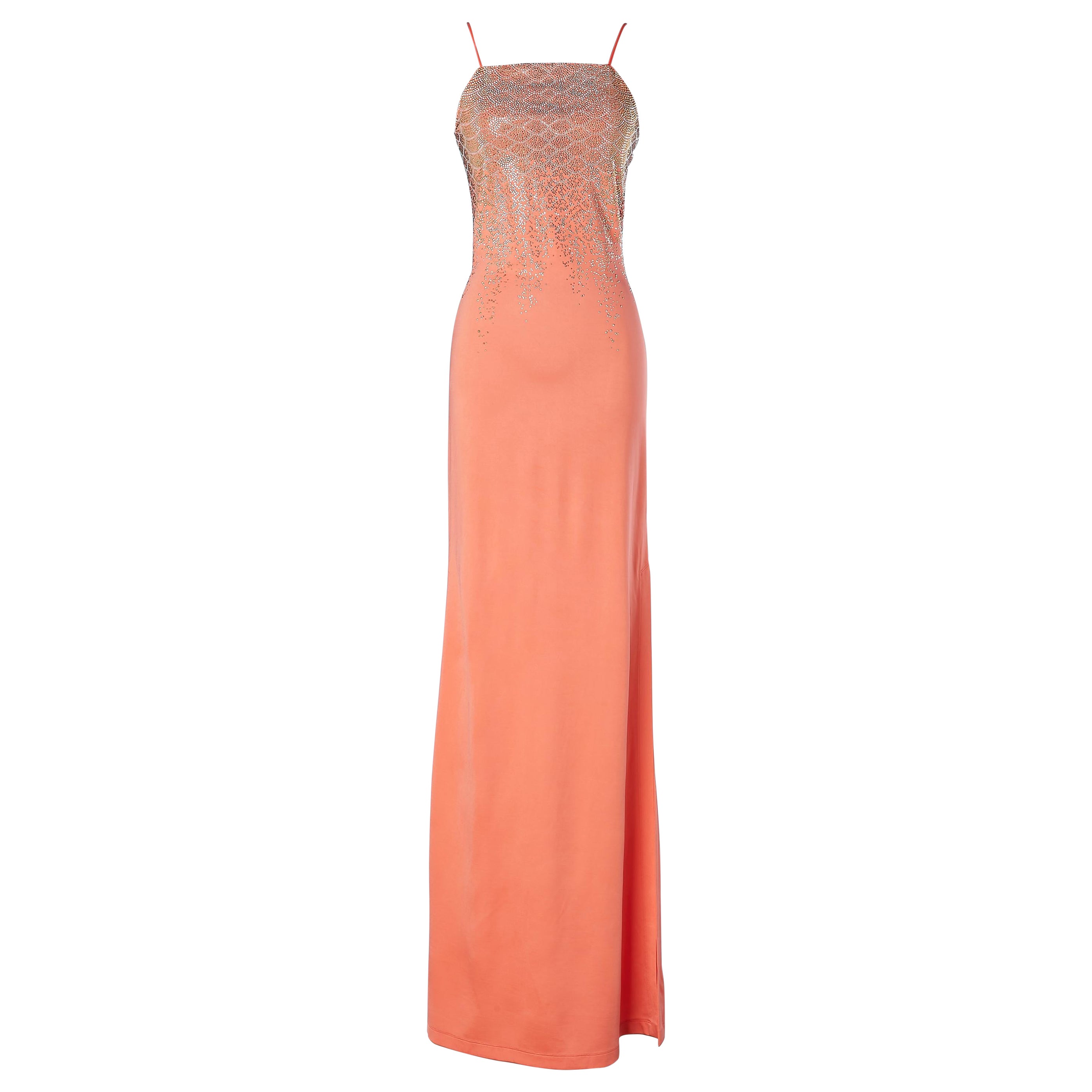Lachsrosa Abendkleid mit dreifarbiger Nietenapplikation Just Cavalli NEW