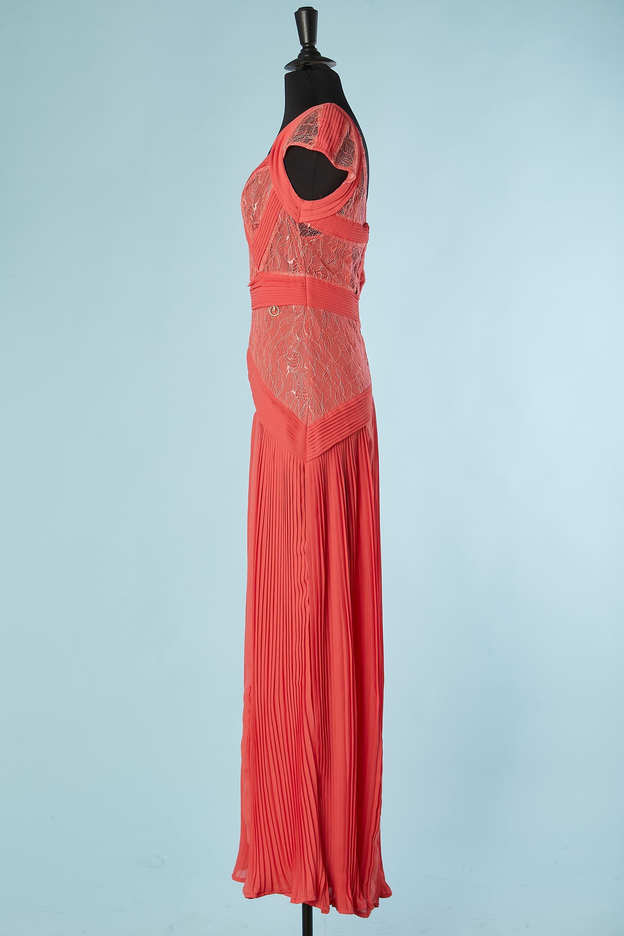 Salmon pink pleated evening dress with lace insert Cavalli Class NEW  For Sale 2