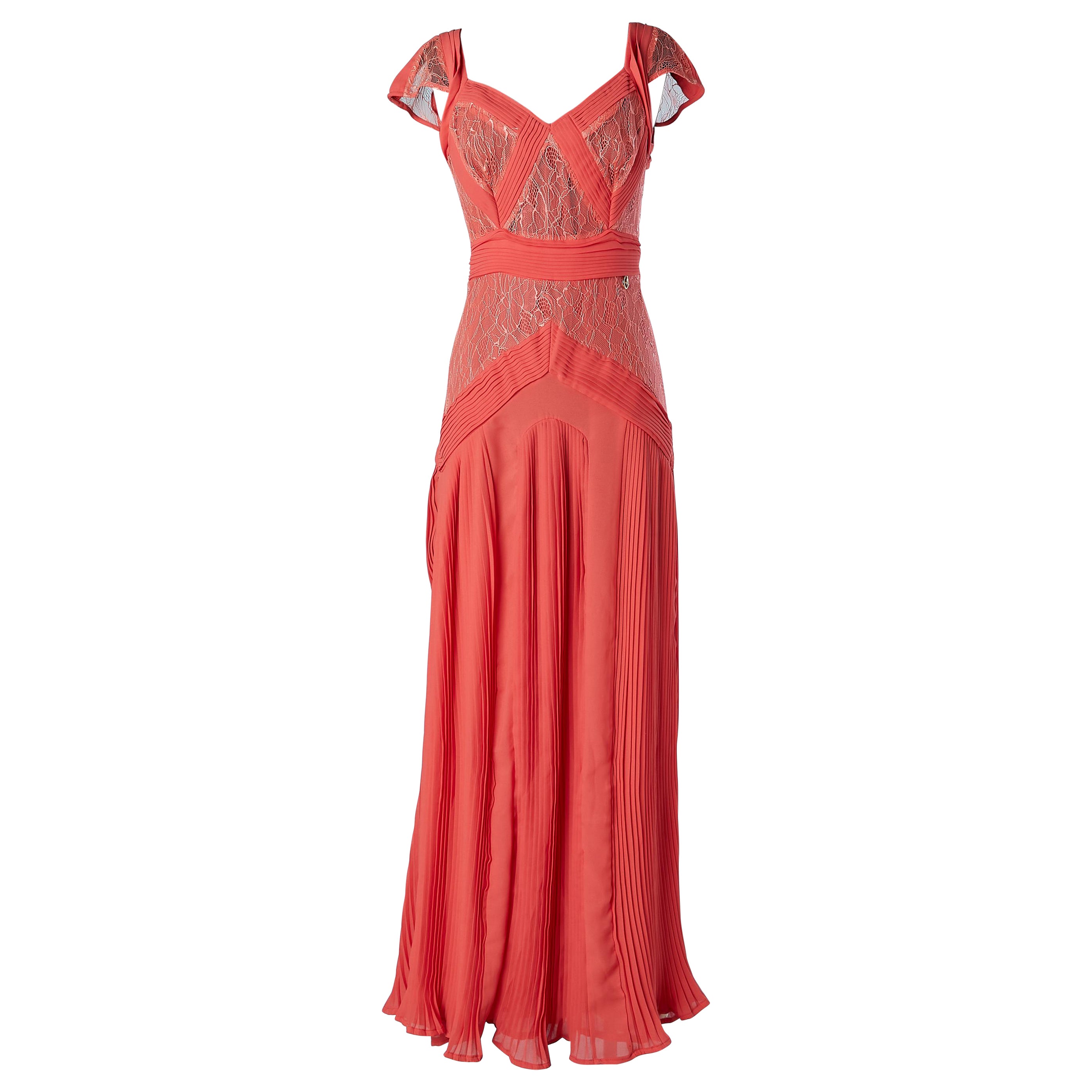 Lachsrosa plissiertes Abendkleid mit Spitzeneinsatz Cavalli Class NEU