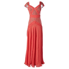 Lachsrosa plissiertes Abendkleid mit Spitzeneinsatz Cavalli Class NEU