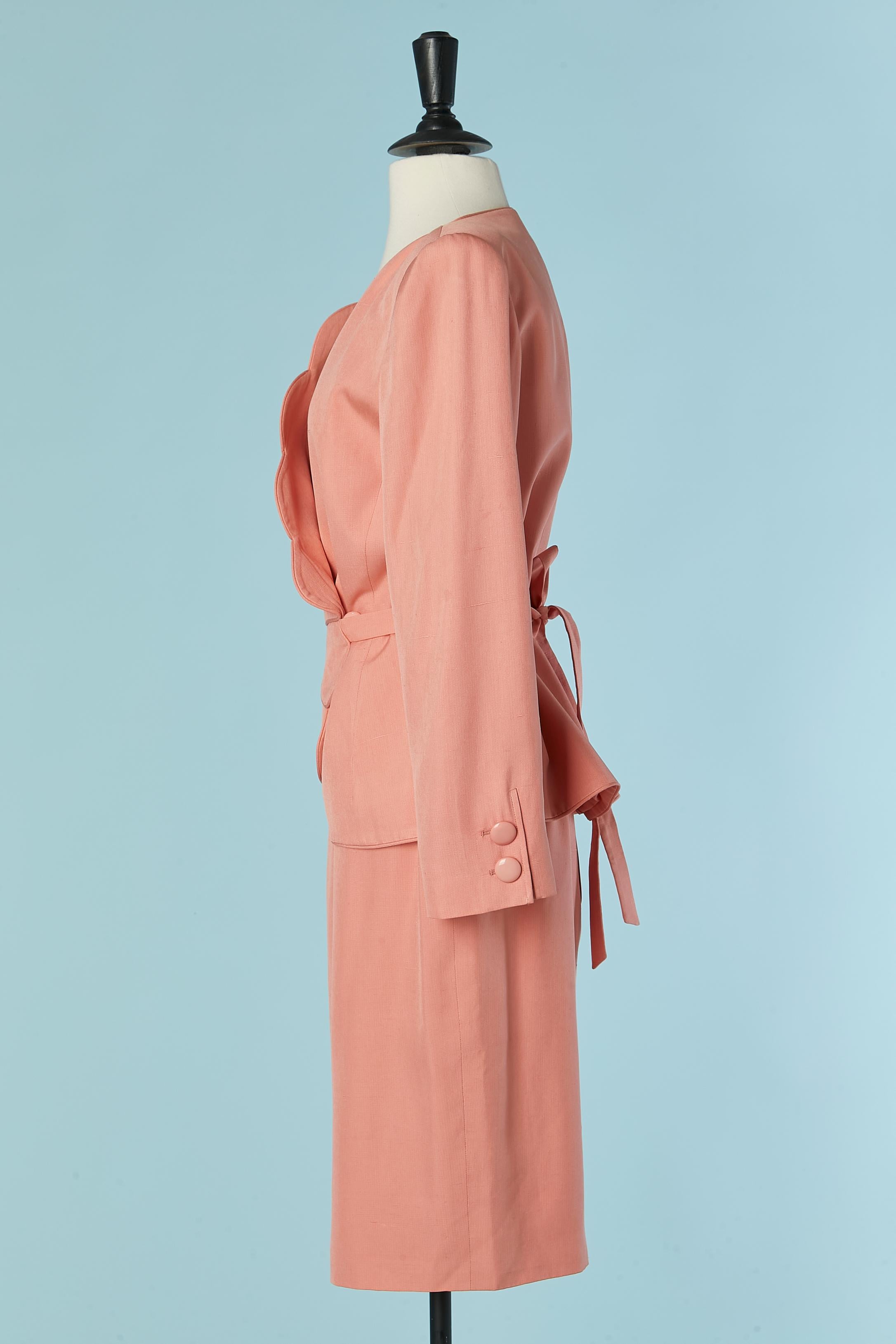 Women's Salmon pink raw silk skirt-suit with cut-work Valentino Boutique 1992 For Sale