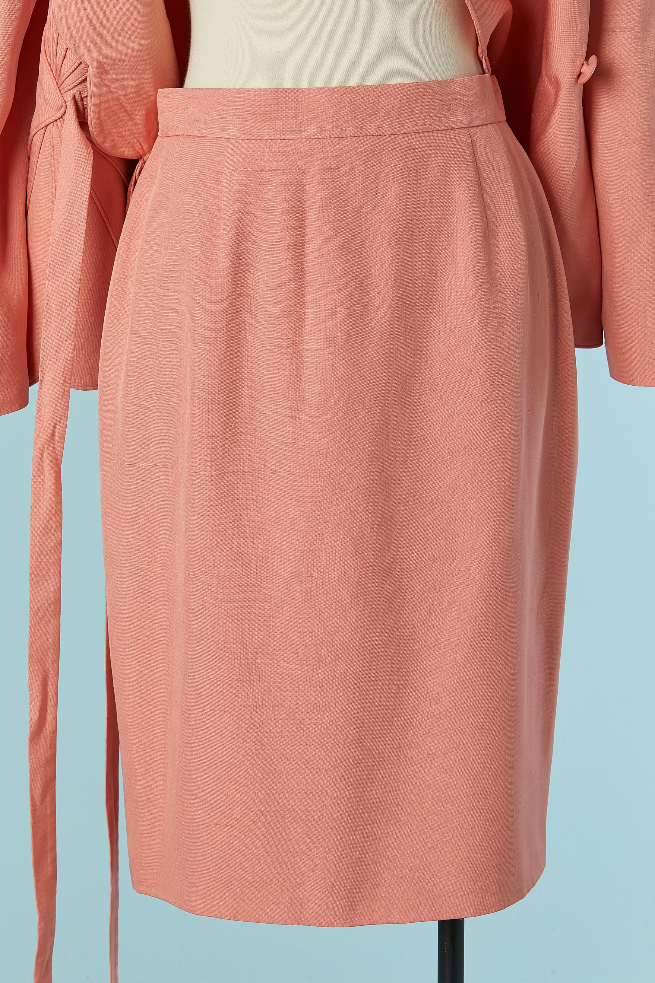Salmon pink raw silk skirt-suit with cut-work Valentino Boutique 1992 For Sale 3