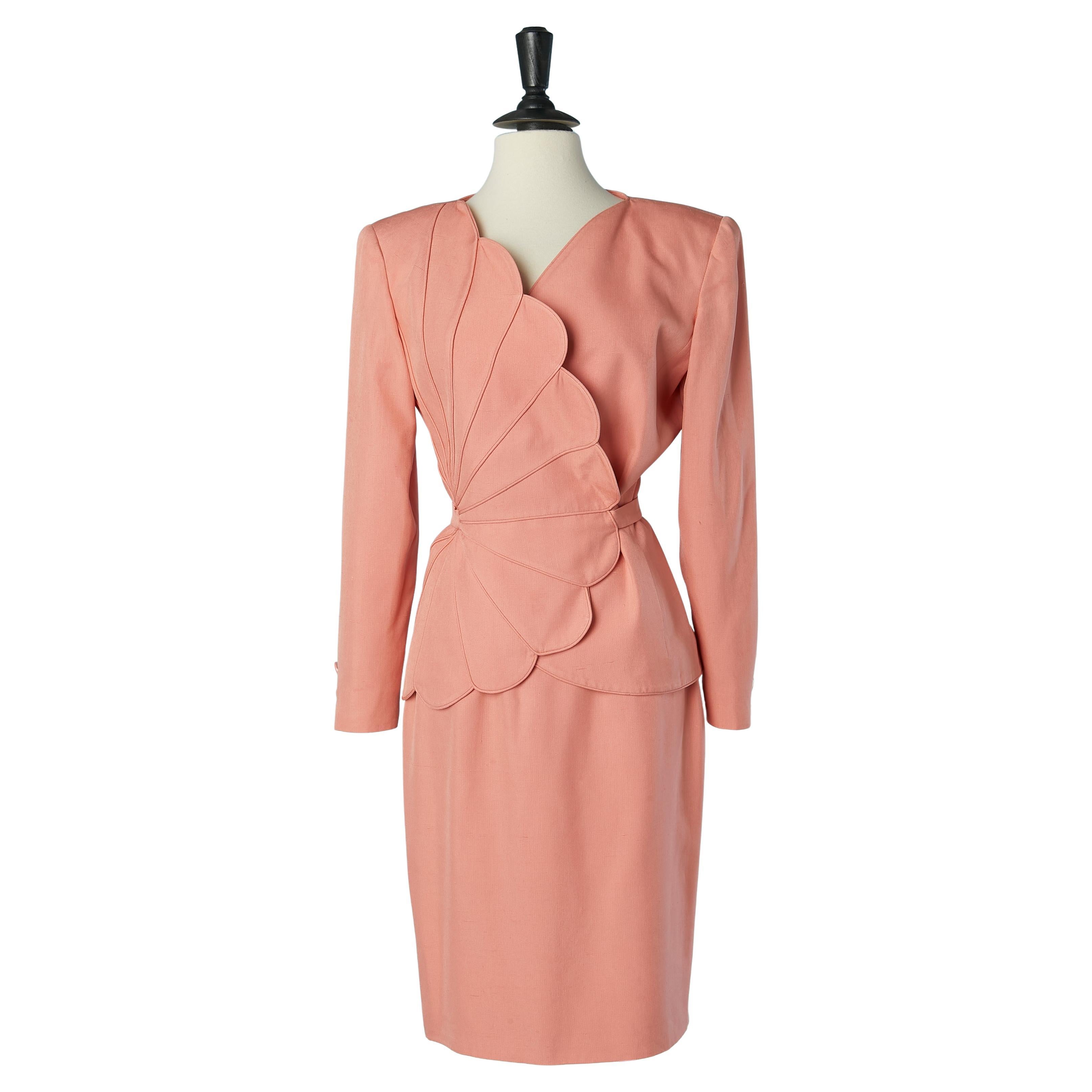Salmon pink raw silk skirt-suit with cut-work Valentino Boutique 1992 For Sale