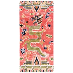 Salmon Pink, Red, Green, and Blue Wool Tibetan Dragon Area Rug