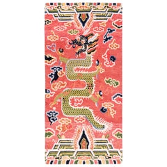 Salmon Pink, Red, Green, and Blue Wool Tibetan Dragon Area Rug