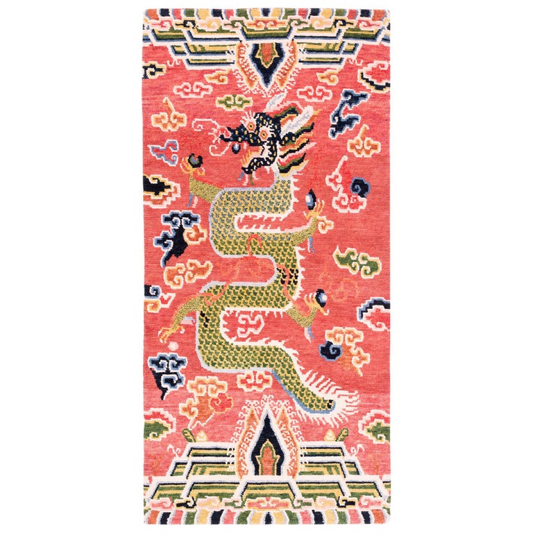 Salmon Pink, Red, Green, and Blue Wool Tibetan Dragon Area Rug at 1stDibs