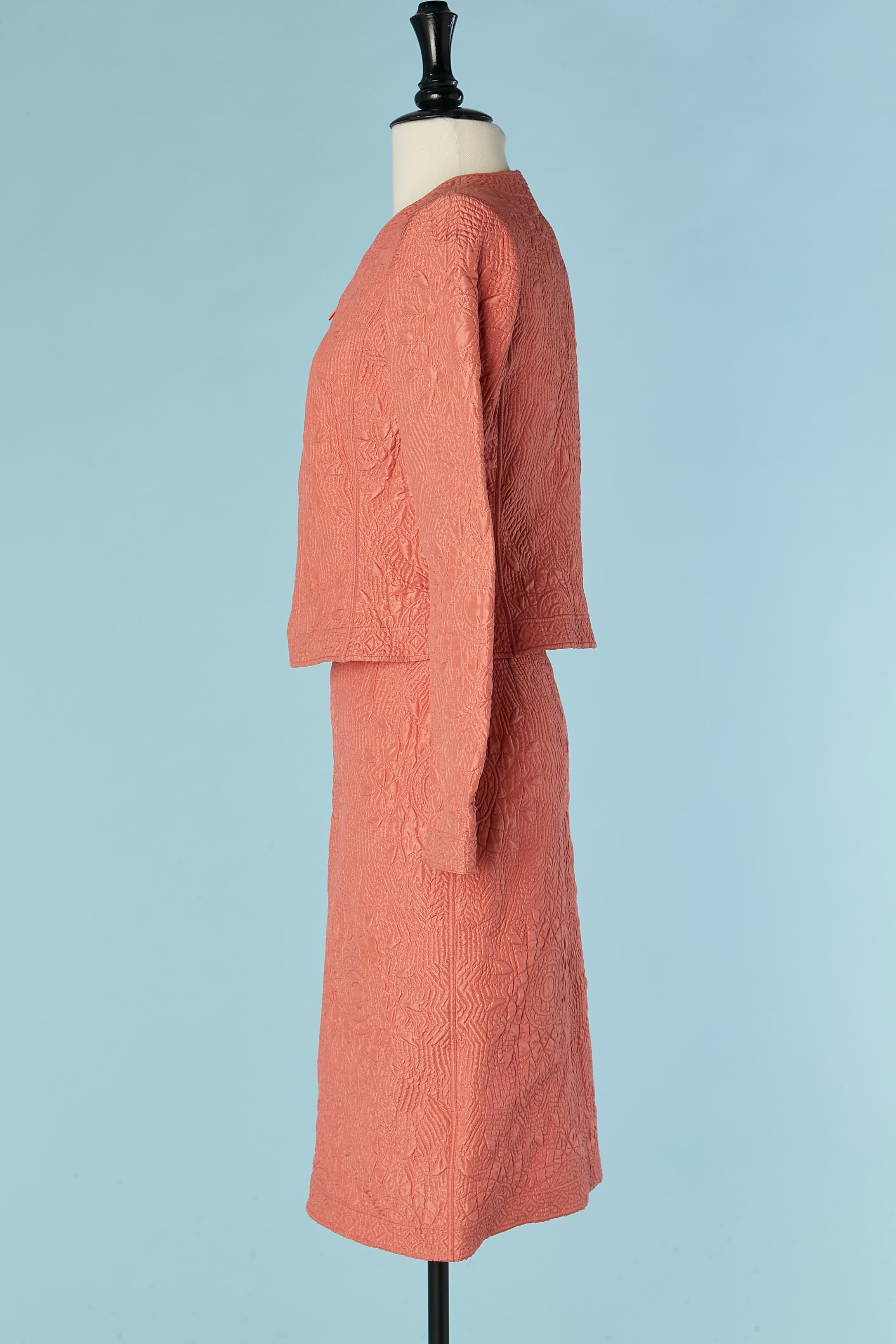 Women's Salmon pink silk quilted skirt-suit Oscar de la RENTA for Saks Fifth Avenue For Sale