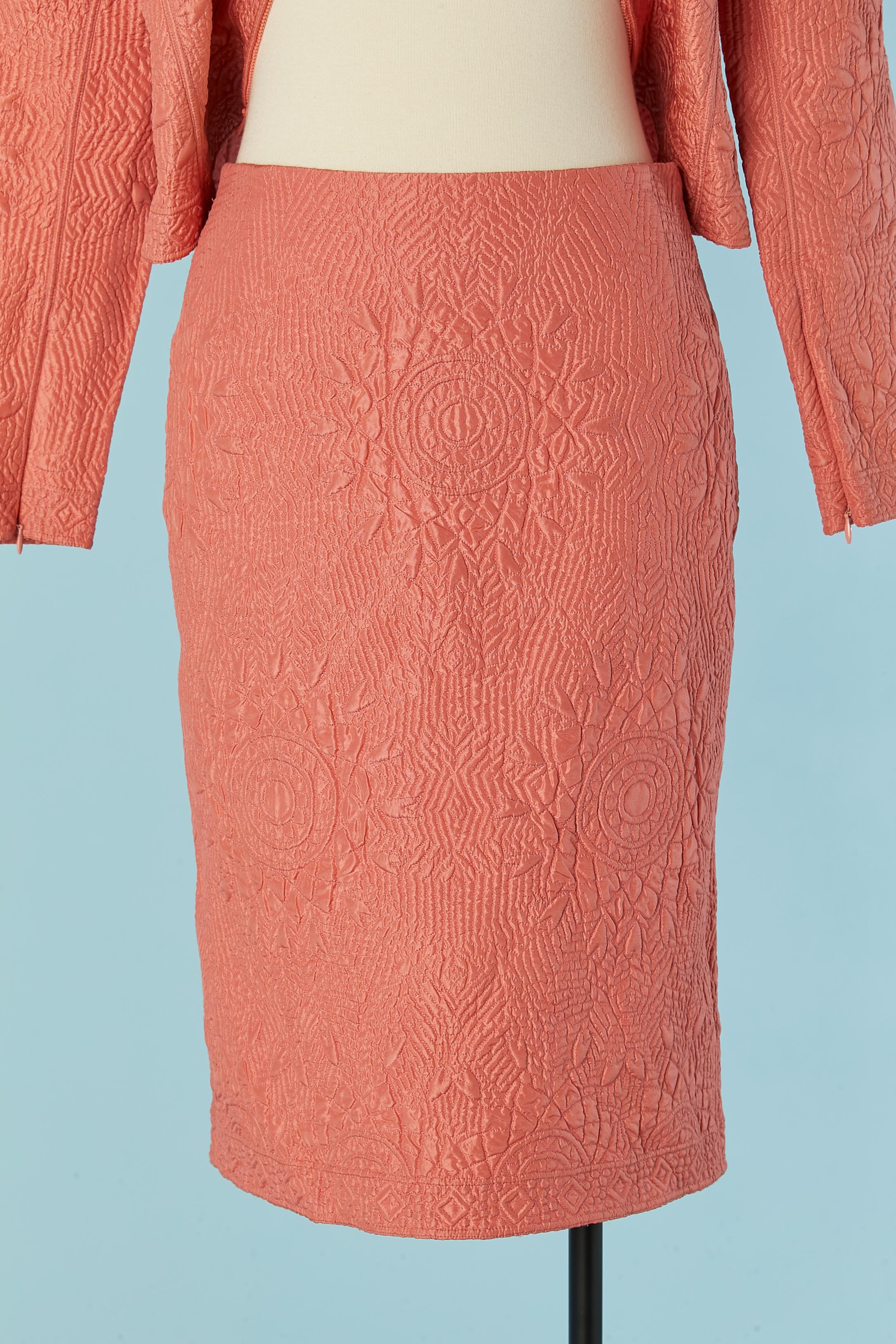 Salmon pink silk quilted skirt-suit Oscar de la RENTA for Saks Fifth Avenue For Sale 2
