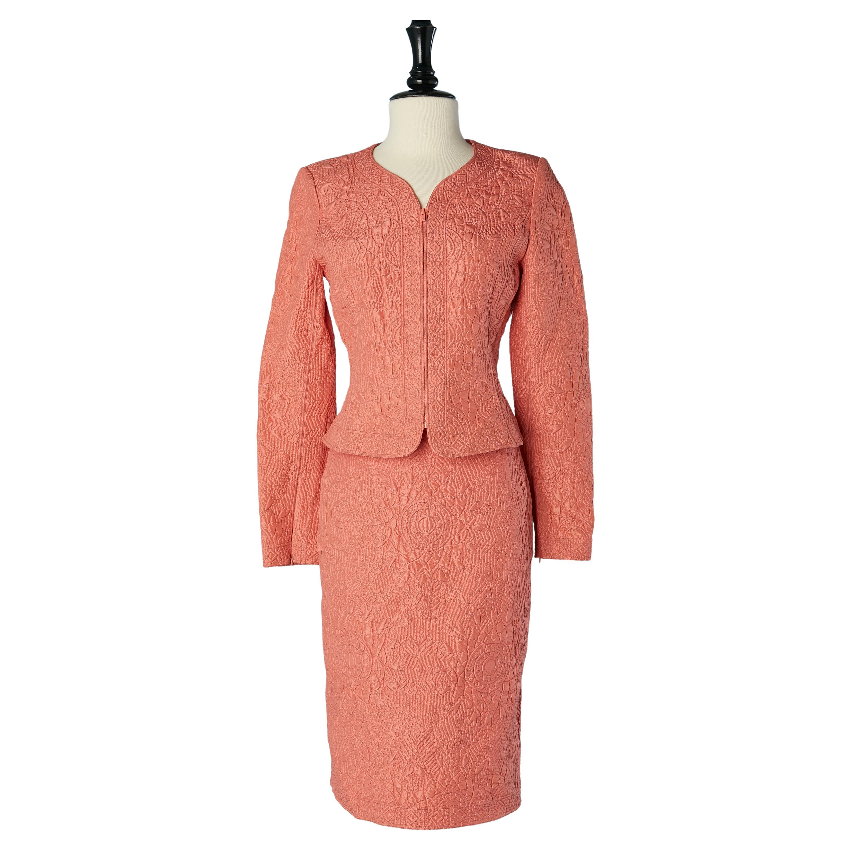 Salmon pink silk quilted skirt-suit Oscar de la RENTA for Saks Fifth Avenue For Sale