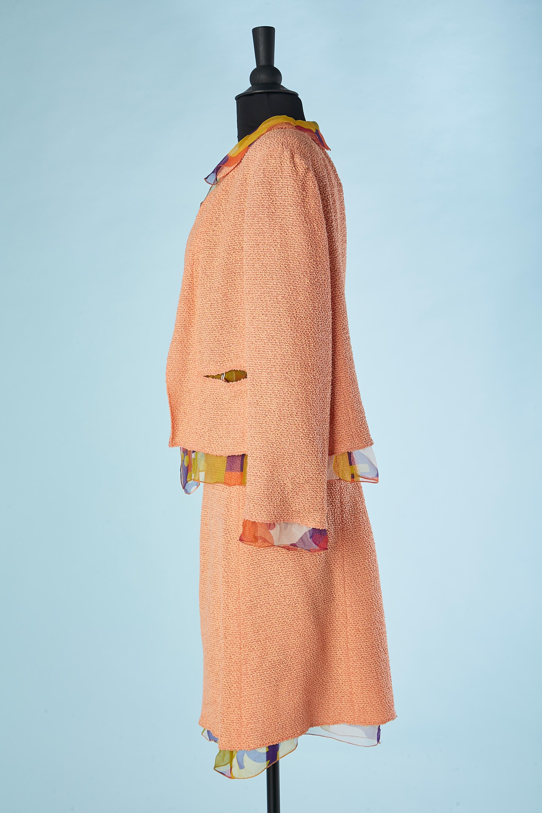 Costume jupe rose saumon avec doublure et bordure en mousseline de soie imprimée Chanel SS 2000 Pour femmes en vente