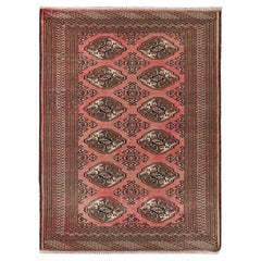 Salmon Red Vintage Persian Turkoman Bokara Worn Down Pure Wool Hand Knotted Rug
