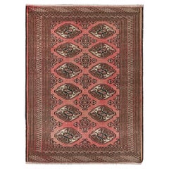 Salmon Red Vintage Persian Turkoman Bokara Worn Down Pure Wool Hand Knotted Rug