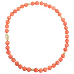 Retro Salmon Sardinian Coral Bead Necklace with 585 Gold and Diamond Clasp, 14K Beads