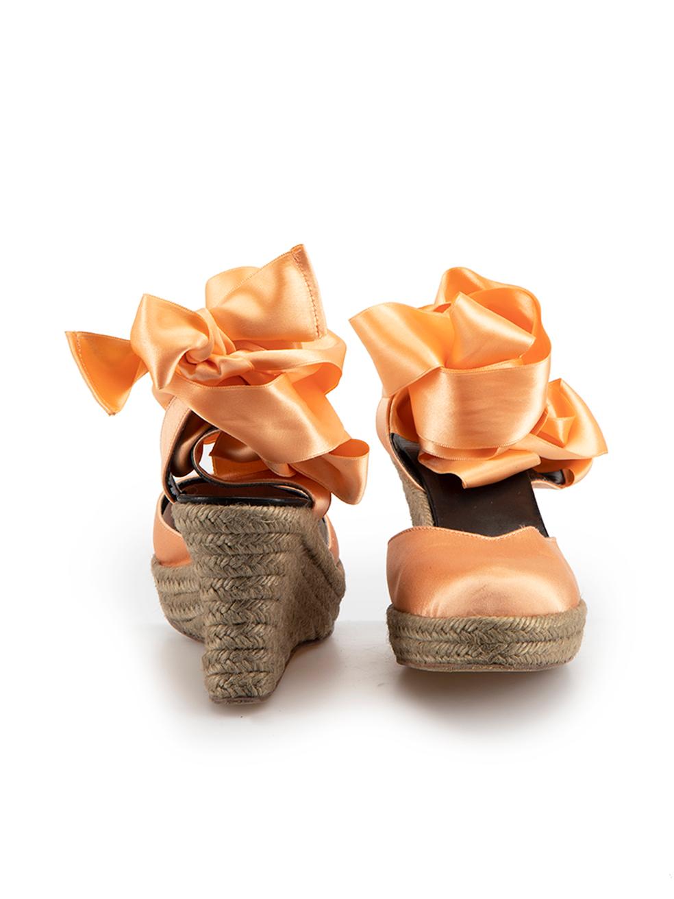 Brown Salmon Satin Ribbon Espadrille Wedges Size IT 38 For Sale