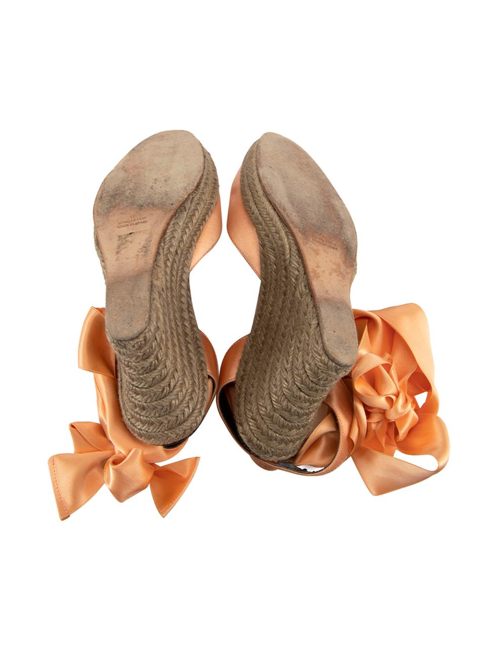 Salmon Satin Ribbon Espadrille Wedges Size IT 38 In Good Condition For Sale In London, GB