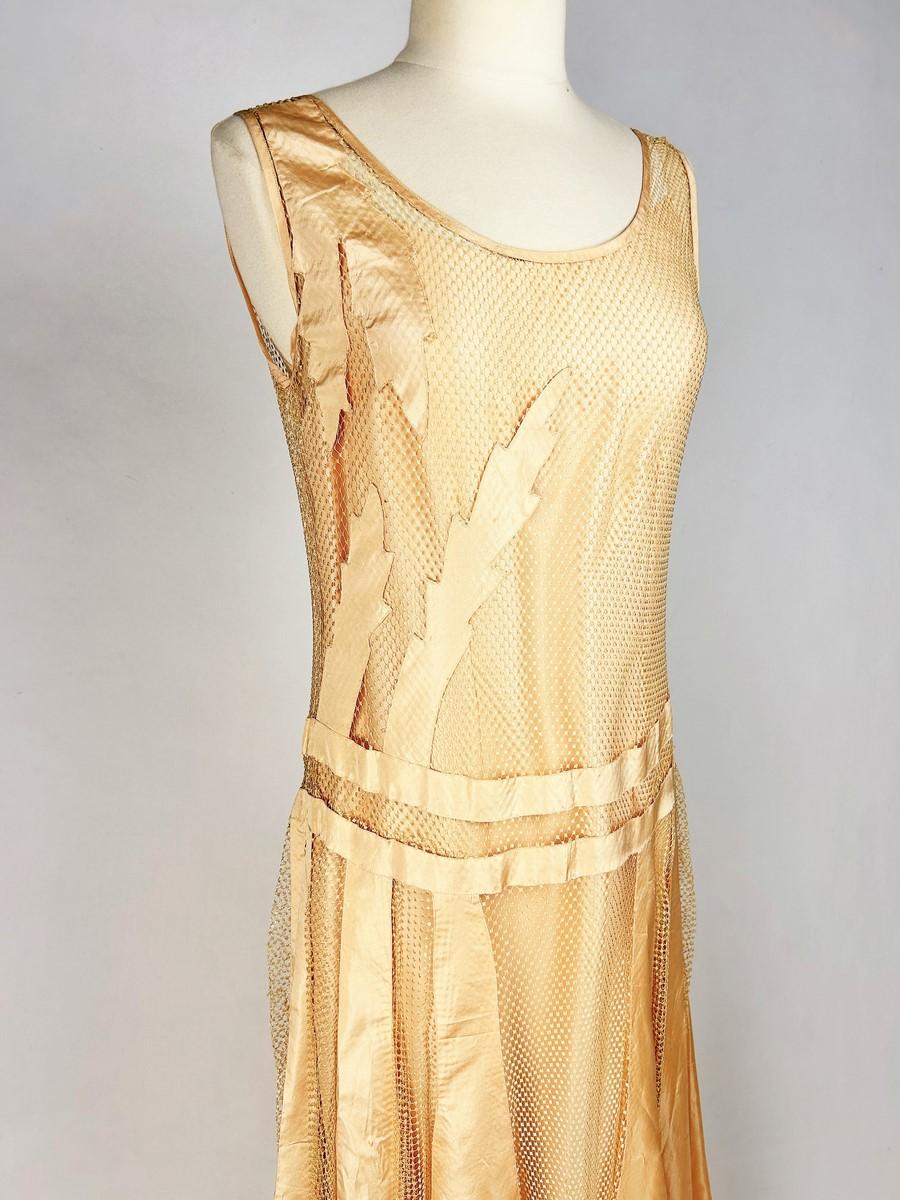 Abito Couture in taffetà salmone e maglia di seta di Martial et Armand - Pari C. 1930 In condizioni discrete in vendita a Toulon, FR