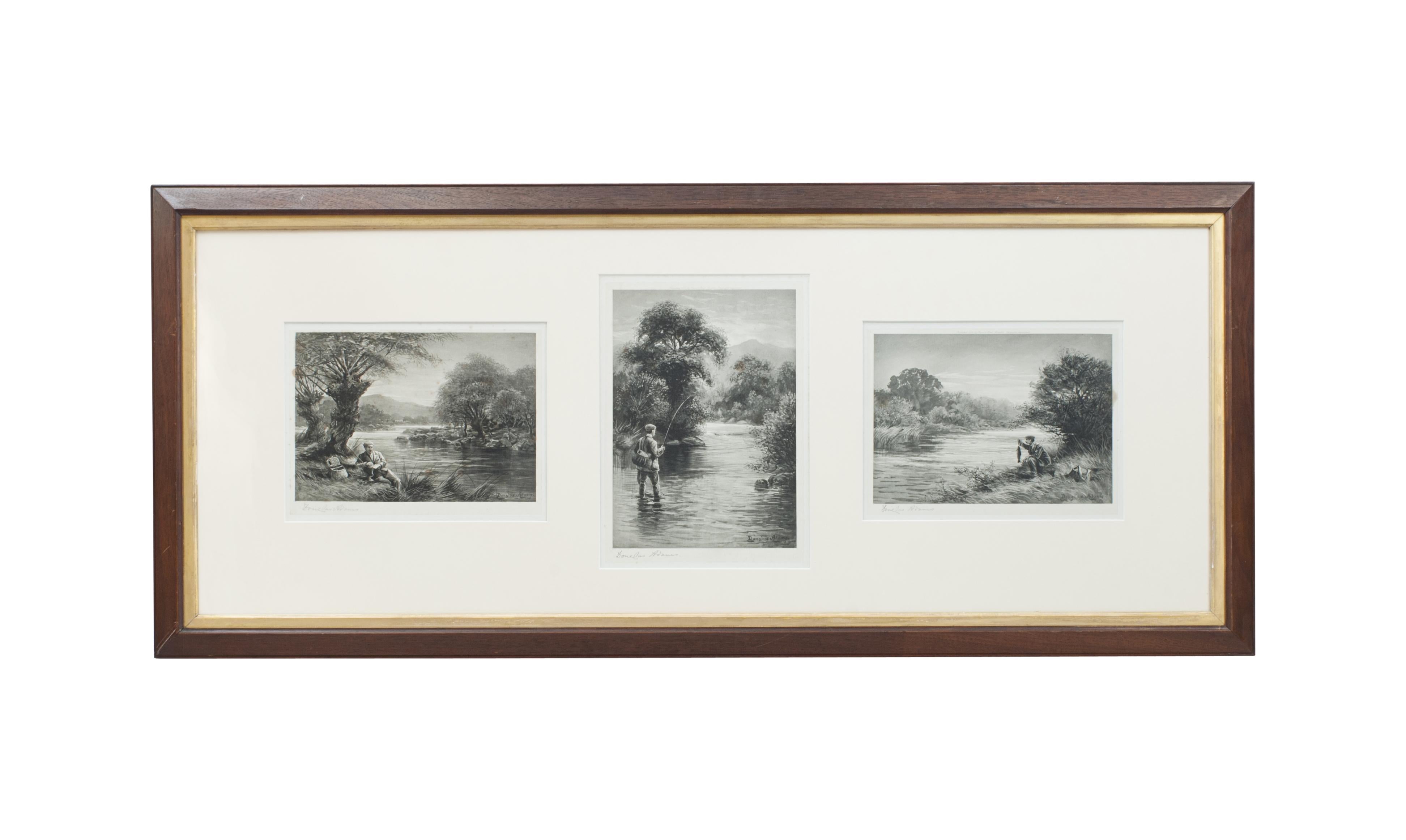 Douglas Adams Fishing Triptychs.
A pair of triple aperture mounts with wonderful salmon and trout fishing scenes by Douglas Adams. The fishing photogravures are published by Frost & Reed and are signed by the artist, Douglas Adams. Framed in