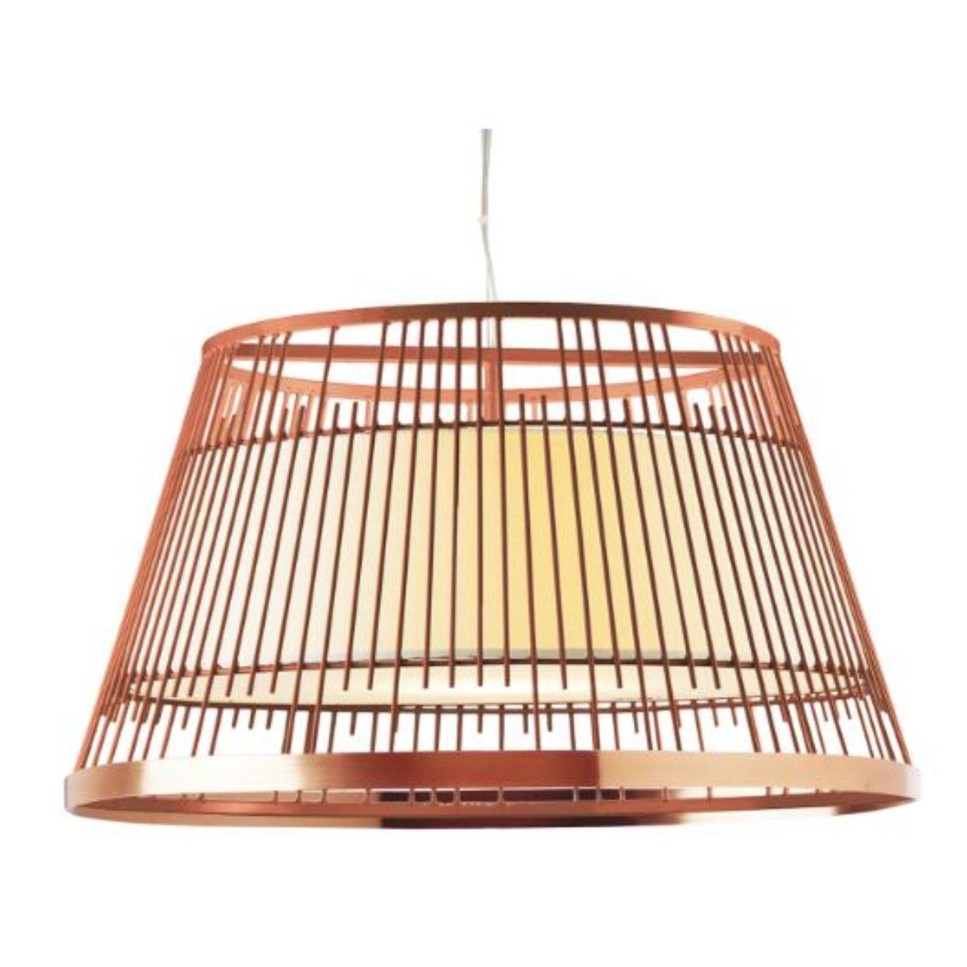 Salmon up I suspension lamp with copper ring by Dooq
Dimensions: W 68 x D 68 x H 39 cm
Materials: lacquered metal, polished or brushed metal, copper.
Abat-jour: cotton
Also available in different colors and materials.