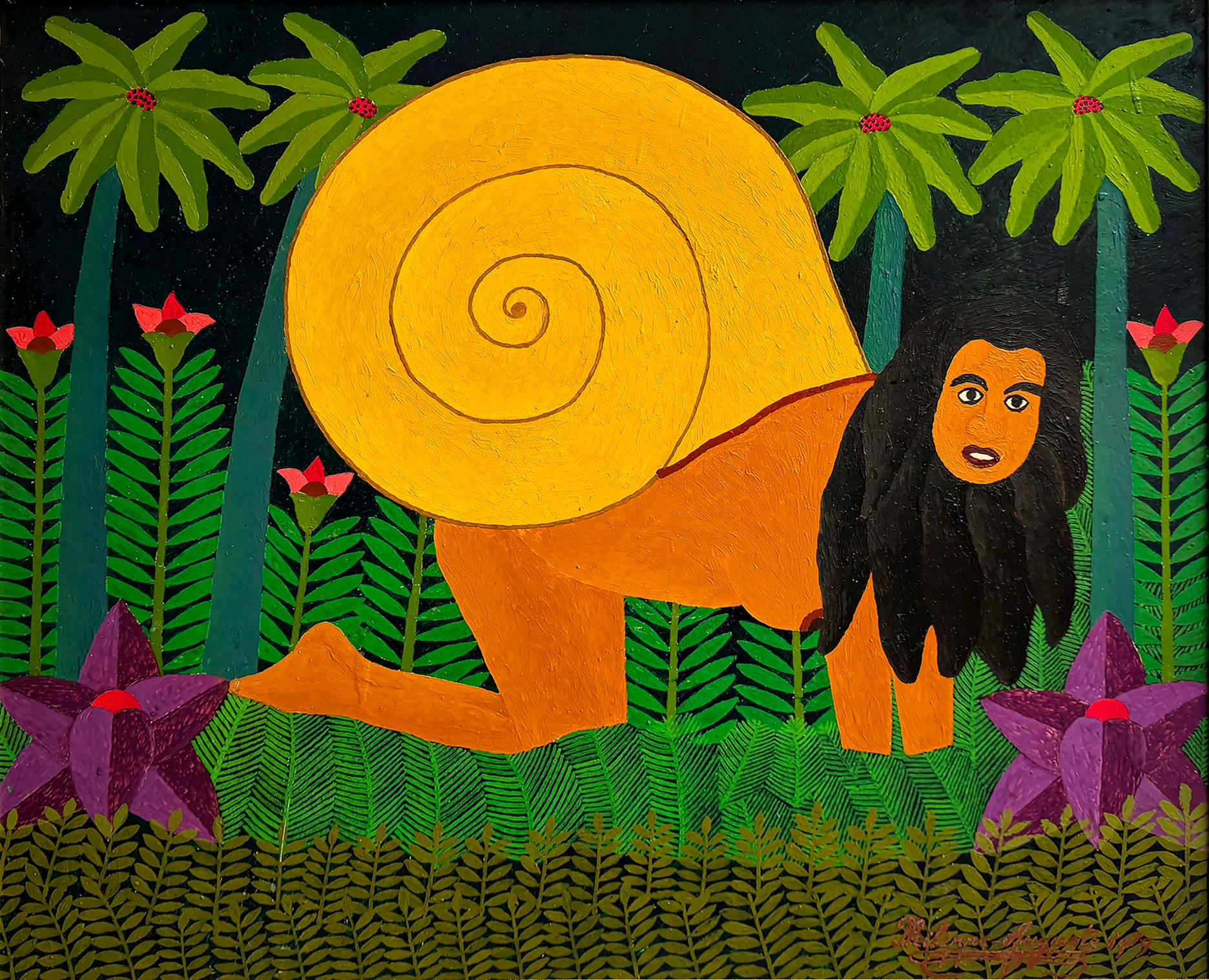 A part woman and part snail, a nude young black woman on all fours has a sizeable yellow snail's shell emerging from her back. She inches through a dense, verdant forest abundant with sweet-smelling flowers as she gazes toward the viewer. She seems