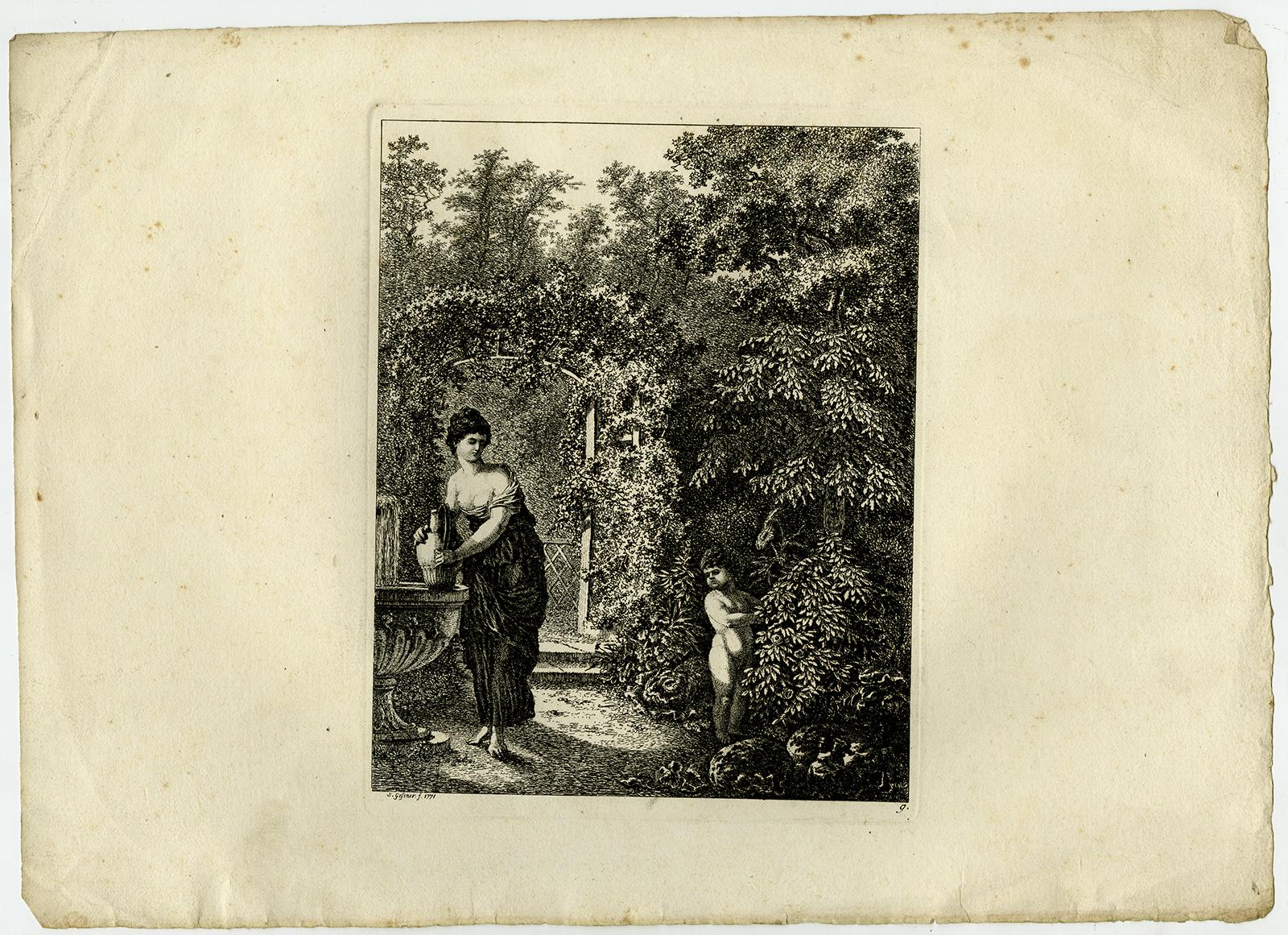 Subject:  Antique Master Print, untitled.  - A woman with pitcher near fountain and bow with a child in a garden.

Description:  From a set with landscapes in the 'antique' taste. . Ref: L/E 31.

Artists and Engravers:  Made by 'Salomon Gessner'
