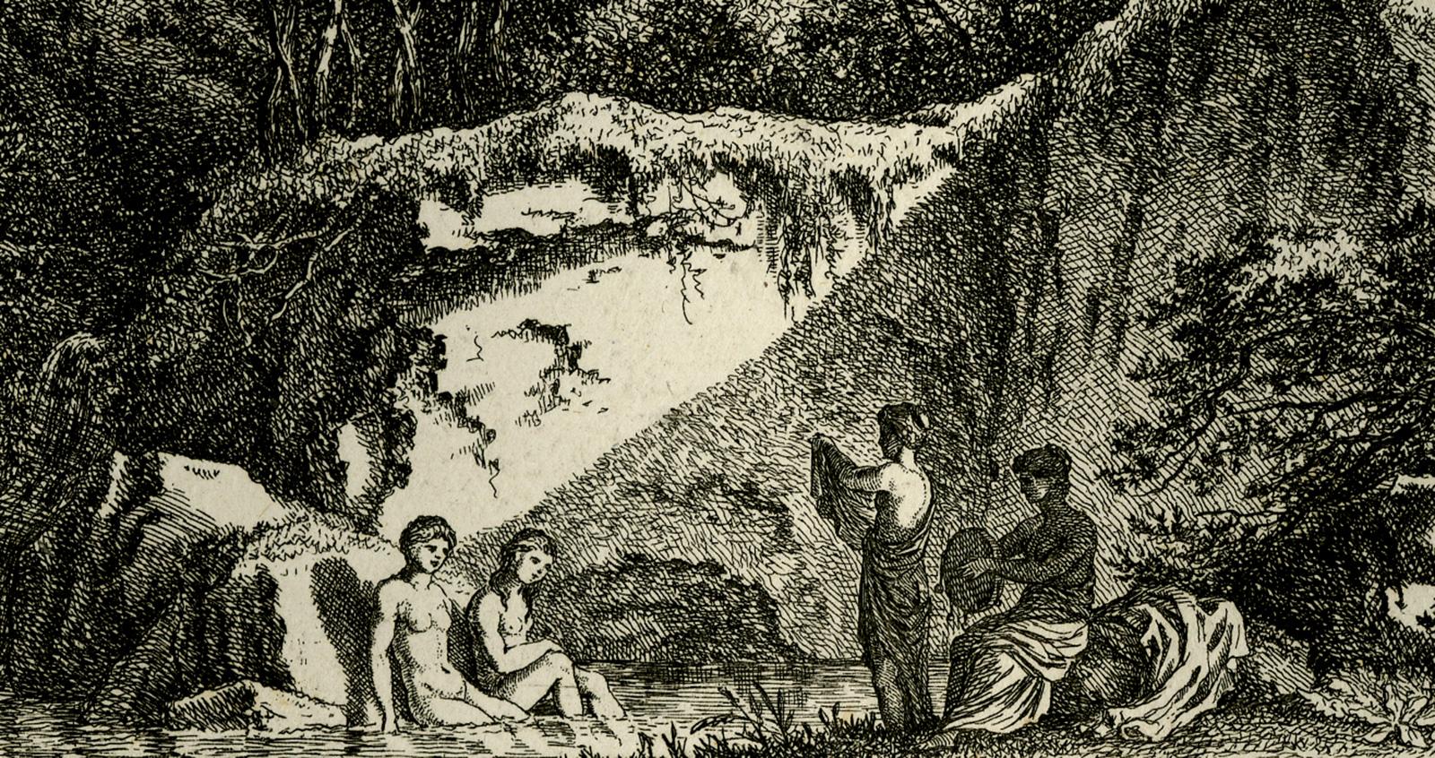 Arcadian landscape - People bathing by Salomon Gessner - Etching - 18th Century For Sale 1