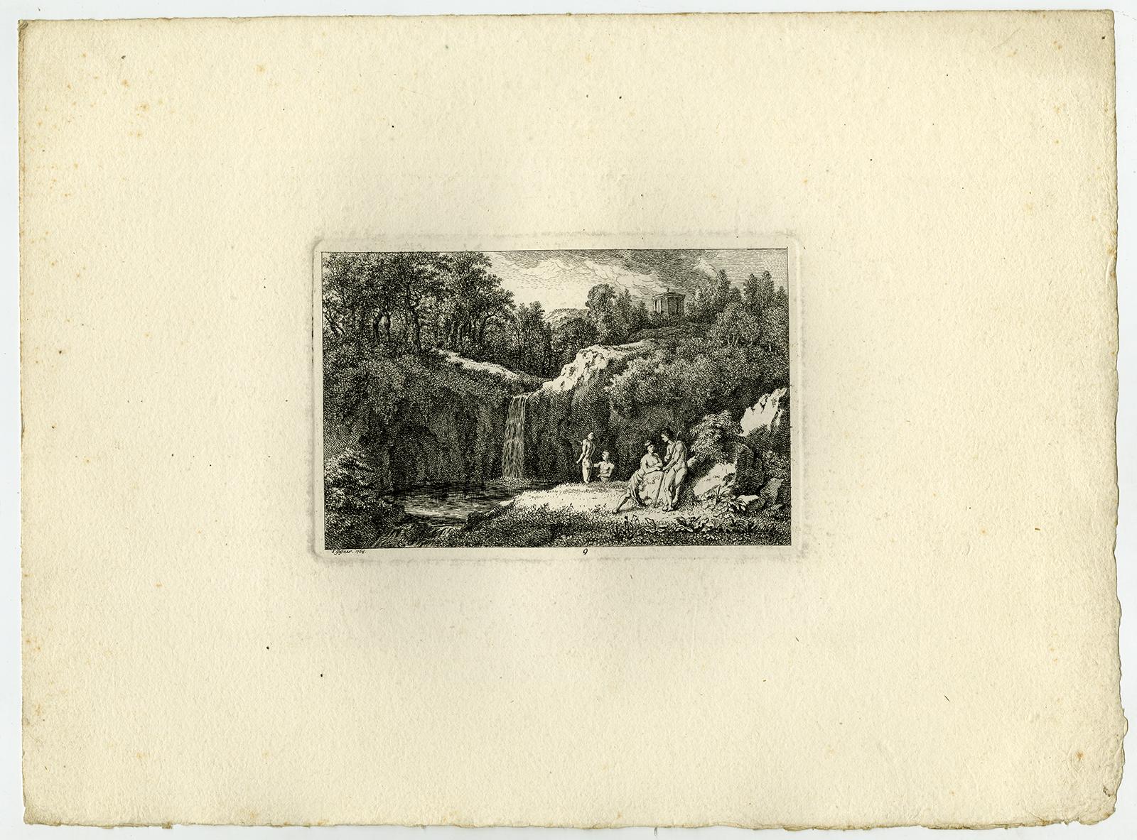 Subject:  Antique Master Print, untitled.  - Arcadian landscape with people near a waterfall and a temple on the hill.

Description:  From a set with landscapes in the 'antique' taste. . Ref: L/E 19.

Artists and Engravers:  Made by 'Salomon