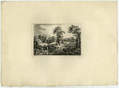 Landscape with a boat near a hamlet. by Salomon Gessner - Etching - 18th Century