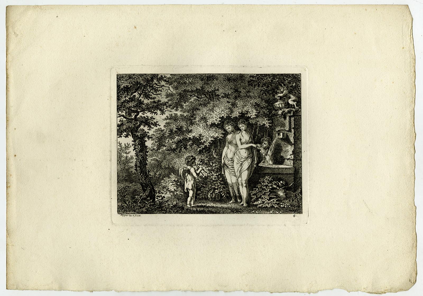 Subject:  Antique Master Print, untitled.  - Landscape with a putto playing flute to three women near a fountain.

Description:  From a set with landscapes in the 'antique' taste. . Ref: L/E 28.

Artists and Engravers:  Made by 'Salomon Gessner'