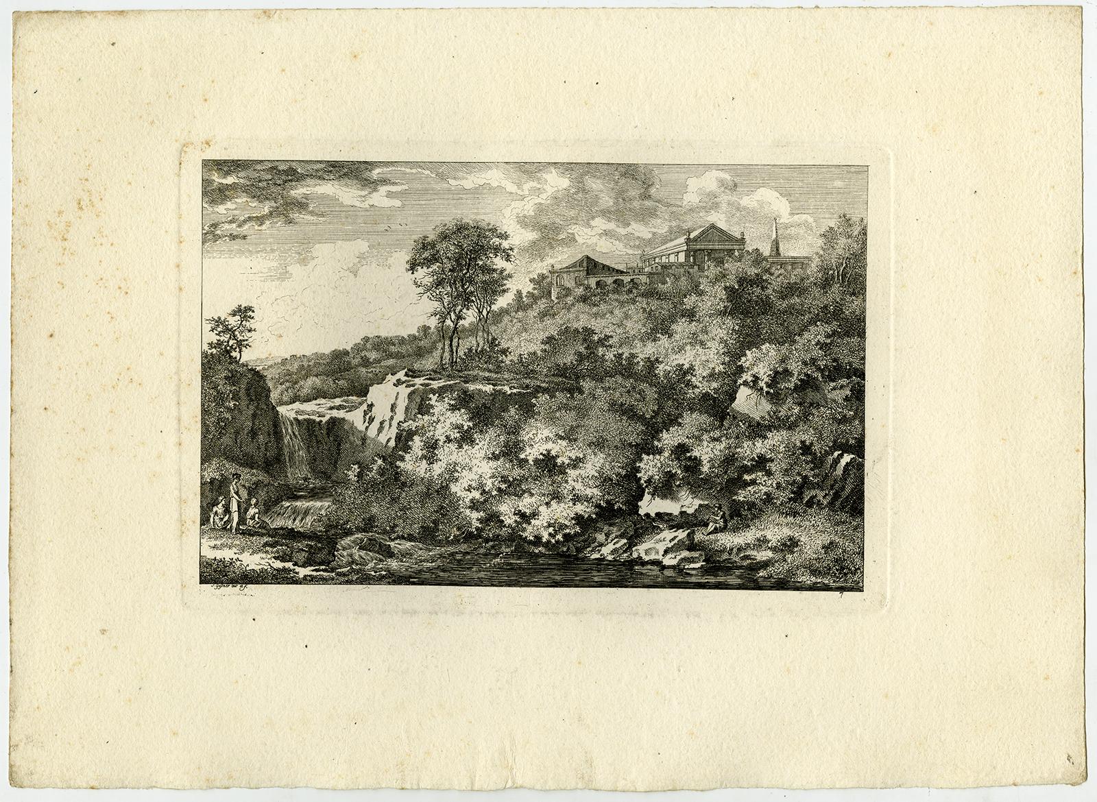 Subject:  Antique Master Print, untitled.  - Landscape with a temple on a hill, with women near a waterfall.

Description:  From a set with landscapes in the 'antique' taste. . Ref: L/E ? .

Artists and Engravers:  Made by 'Salomon Gessner' after