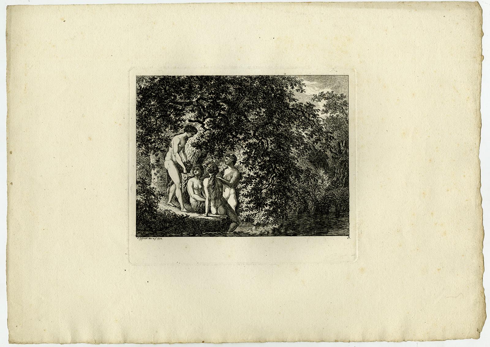 Subject:  Antique Master Print, untitled.  - Landscape with bathing women, with fruit basket.

Description:  From a set with landscapes in the 'antique' taste. . Ref: L/E 27.

Artists and Engravers:  Made by 'Salomon Gessner' after own design.
