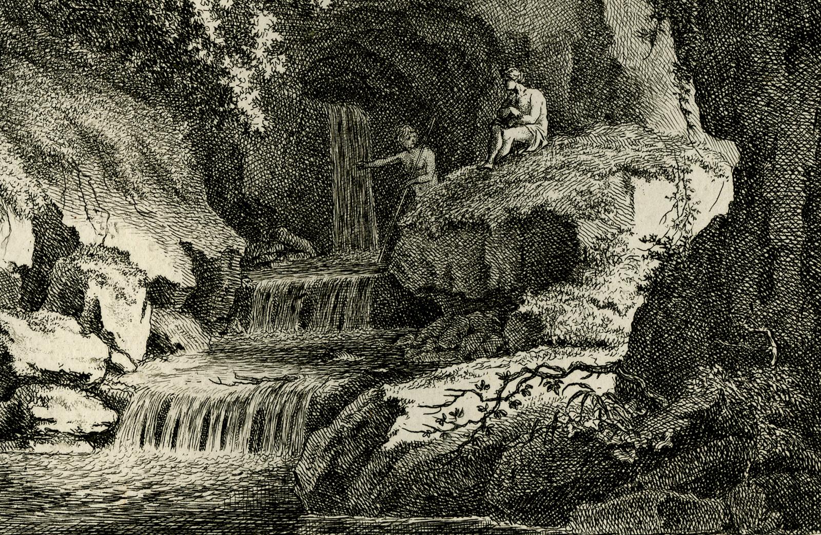 Landscape with spring and waterfall by Salomon Gessner - Etching - 18th Century For Sale 2