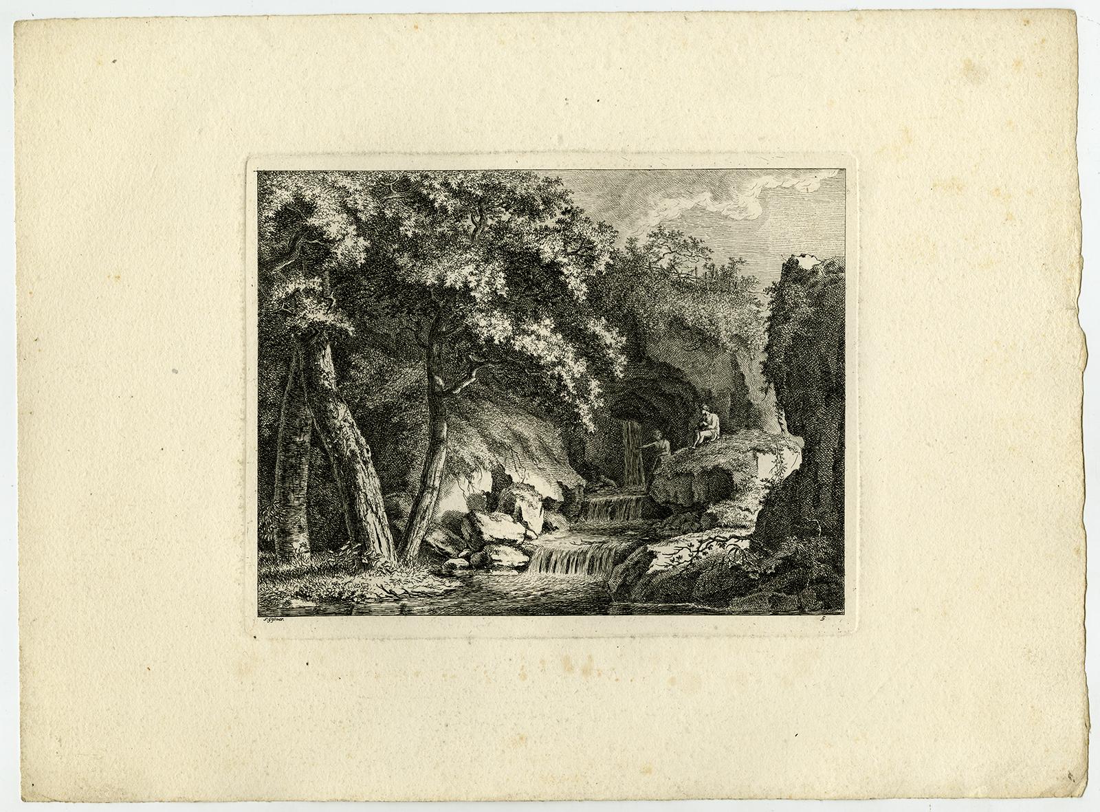 Subject:  Antique Master Print, untitled.  - Landscape with two persons sitting near a spring and waterfall.

Description:  From a set with landscapes in the 'antique' taste. . State: Second state of 2. Ref: L/E 15.

Artists and Engravers:  Made by