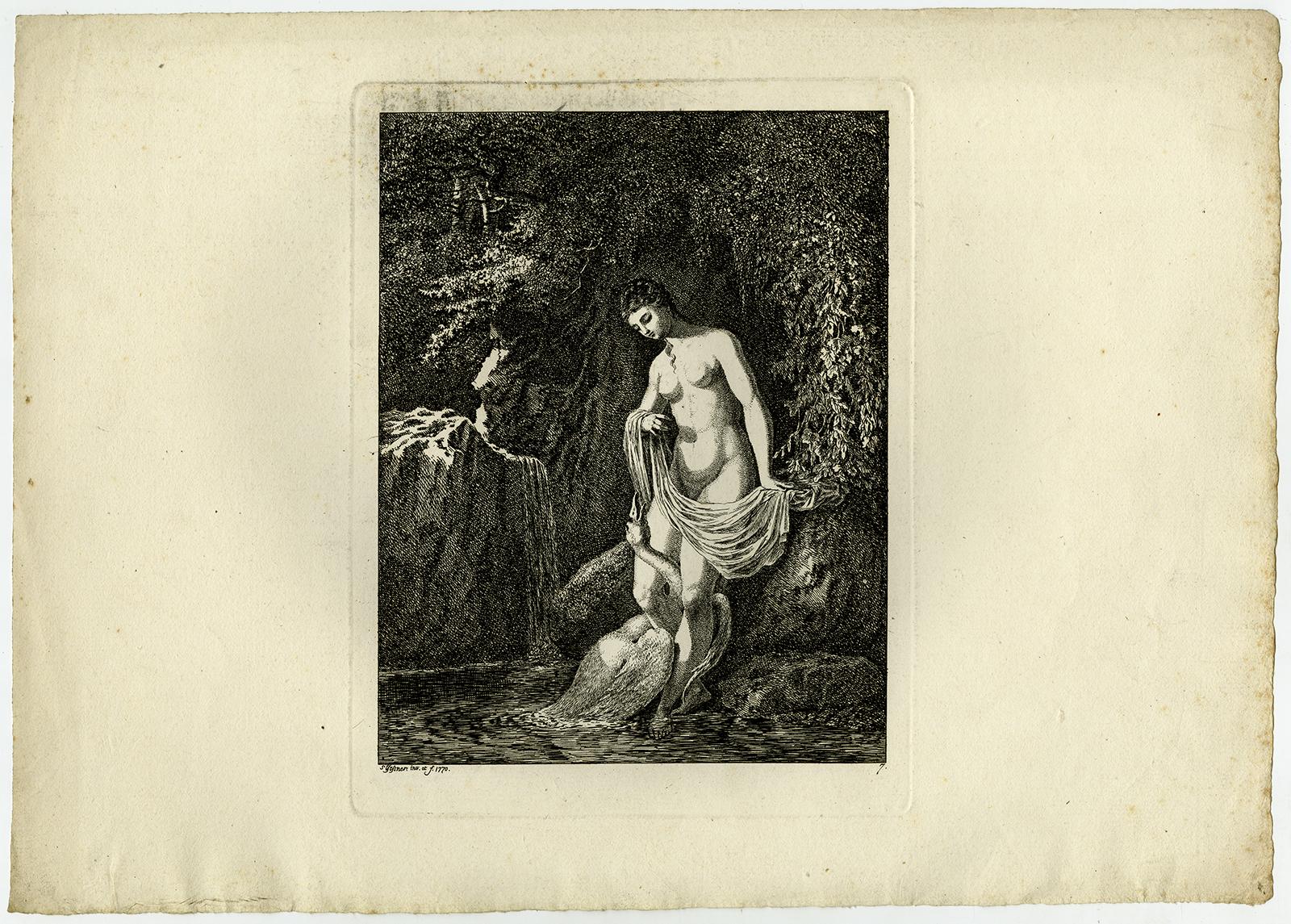 Subject:  Antique Master Print, untitled.  - Landscape with a women bathing near a waterfall with swan.

Description:  From a set with landscapes in the 'antique' taste. . State: Second state of 2. Ref: L/E 29.

Artists and Engravers:  Made by